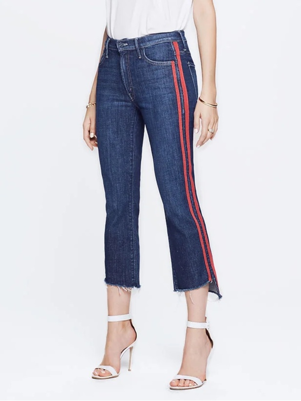 MOTHER Insider Step Crop Racer Jeans Fray NWT with Red Side Stripes